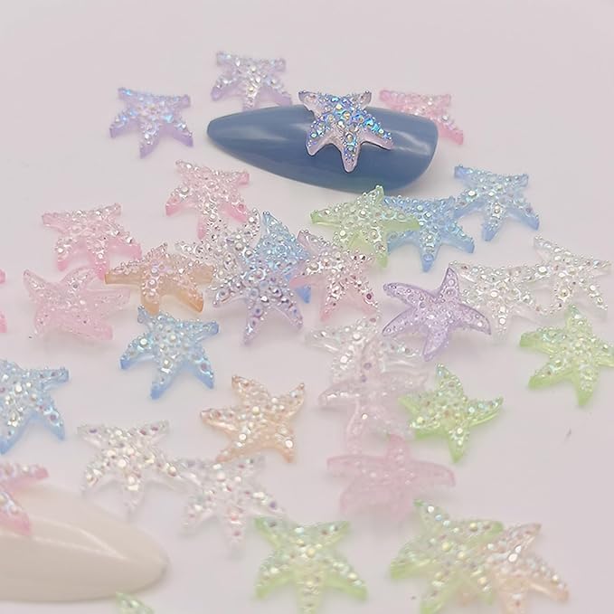 100Pcs Colorful Starfish Nail Art Charms Fresh Summer Beach Nail Art Accessories Ocean Theme Starfish Sea Series Nail Rhinestone Diamonds Resin Crafts for Women Nail Art Supplies Manicure Decoration