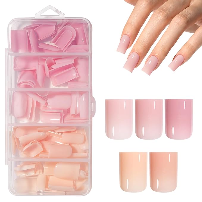 AILLSA RealFit Nude Pink Press On Nails Short Square - Pre-Shaped 4 in 1 False Nails Set, Long-Lasting Nail Extensions for Salon Home DIY Gifts 150 PCS