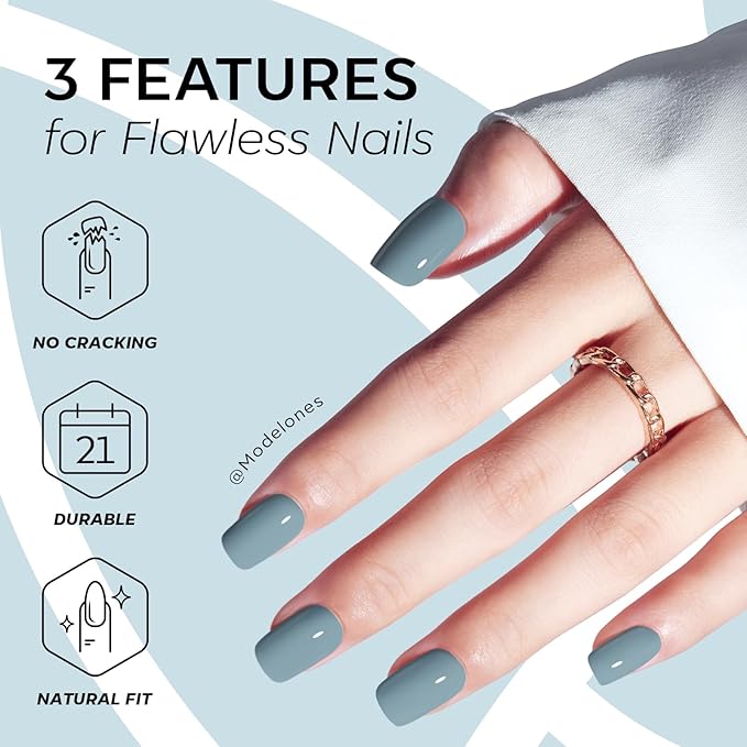 Modelones Steel Blue Press on Nails, Short Square Fake Nails, Reusable Nail Kit with Nail Glue Adhesive Tabs Mini Nail File, Nails Press Ons 32Pcs16 Sizes, Women Girl Gift