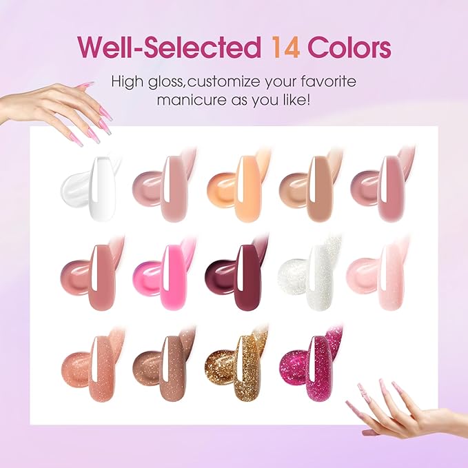 ROSALIND Poly Nail Gel Colors Kit -14 Colors +72 Nail Art Accessories Glitter Poly Nails Gel Kit Starter Kit with Mini UV Lamp Slip Solution Nude Pink Poly Art for Beginners with Everything