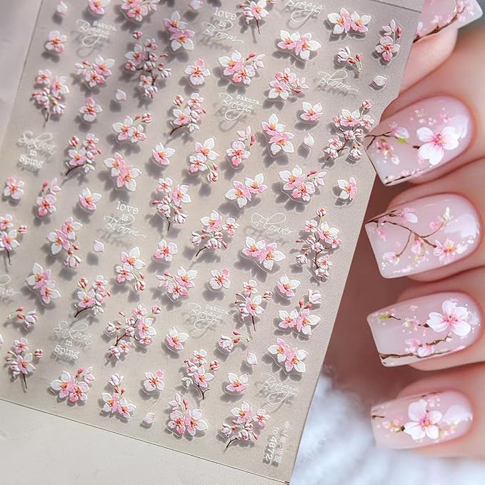 5D Embossed Flower Nail Art Stickers Cherry Blossoms Nails Decals White Pink Sakura Floral Nail Stickers Spring Summer Nails Design Flower Supplies for Women DIY Manicure Decoration Accessories 1Pcs