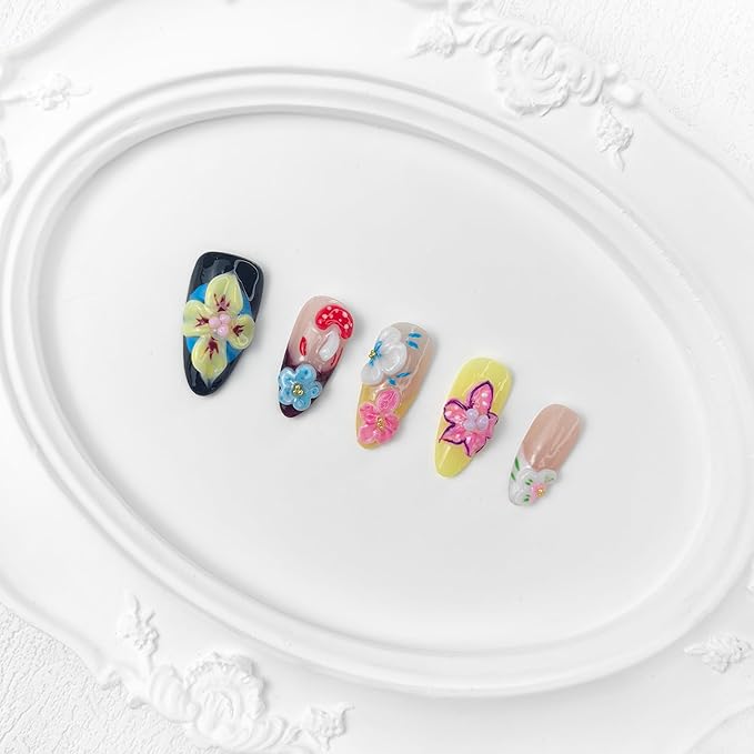 2025 Tale Blossom Long Handmade Nails Reusable Press-on Nails with Pastel Petals, Mushrooms & Fairy Meadow Accents Gifts for Women (Tale Blossom, M)