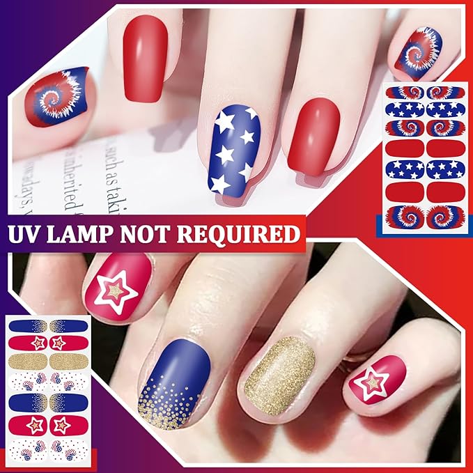 SILPECWEE 20 Sheets 4th of July Nail Wraps Independence Day Nail Polish Stickers Patriotic American Nail Polish Strips Self Adhesive Fingernail Sticker Nails for Women with Nail File