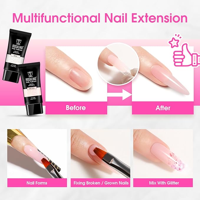 ROSALIND Pink Acrylic Poly Extension Gel, 2 PCS 2oz/60ml Poly Nail Gel kit for Clear Nail Art Decoration, Builder Clear Gel Thickening Tube Easy to DIY Use Need UV Lamp