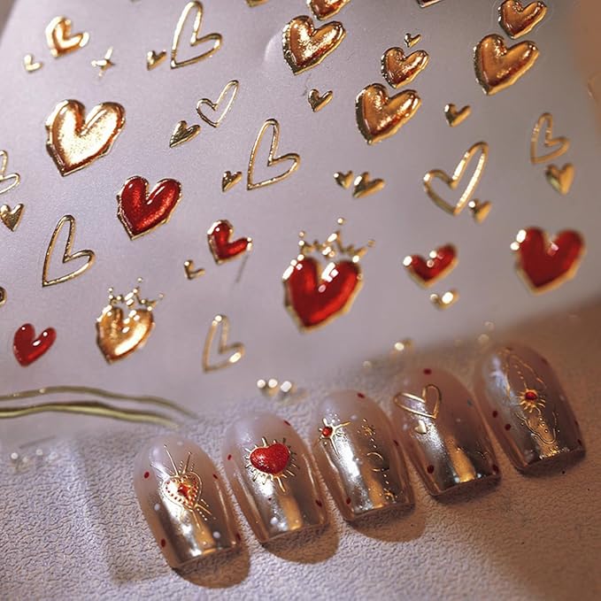 Valentine's Day 5D Heart Nail Art Stickers - Gold, Pink & Bronzing Star Moon Designs for Women & Girls - Self-Adhesive DIY Nail Decals
