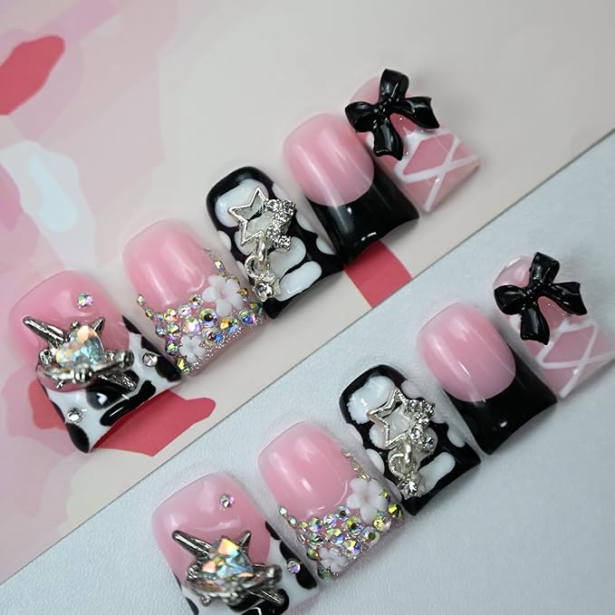 10 Pieces Luxury Acrylic Press On Nails Short Handmade Duck Nails, Black Thickened False French Nails, With 3D Bowknot And Stars, Reusable Fake Nails, Acrylic Nails (L)