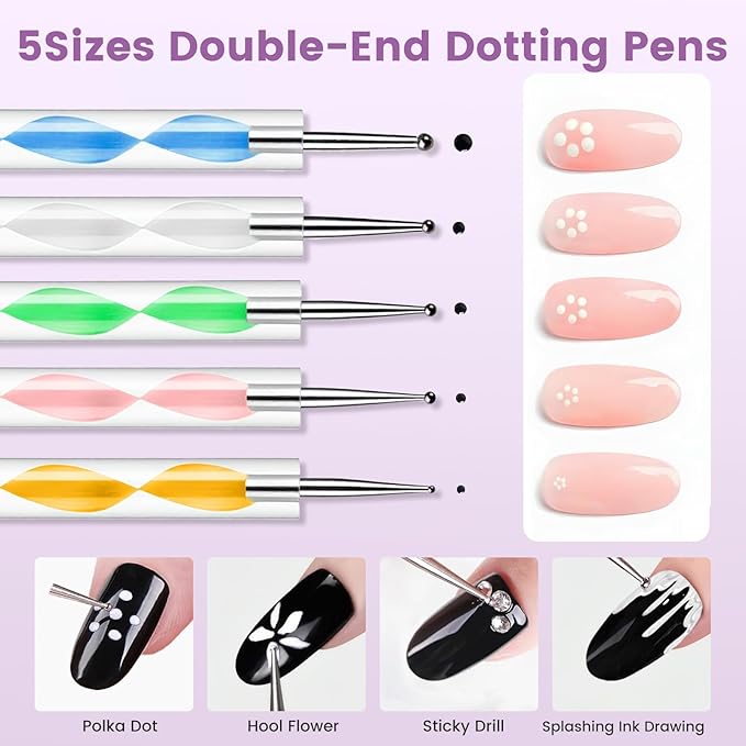 Quaferen Nail Art Brushes 34PCS Dual End Nail Dotting Tools Striping Liner Brushes Silicone Sculpture Brushes Gel Nail Polish Brush with Brush Holder Color Palette for Beginners DIY Salon Home
