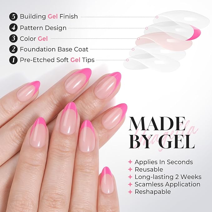 UNA GELLA 32Pcs Soft Gel Press on Nails - 16 Sizes Hot Pink French Tip Almond Glue on Nails, Reusable Neon Pink False Nails, Full Cover Acrylic Nail Kit for Women DIY Home Manicure