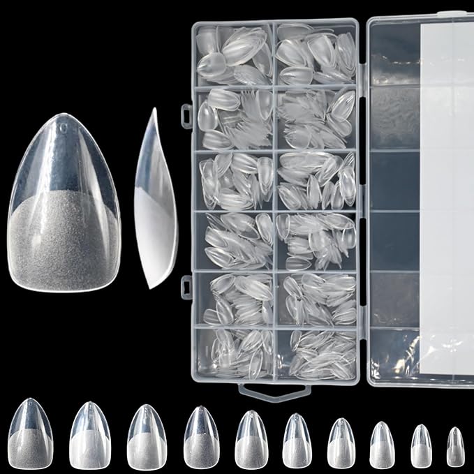 Almond Gel Nail Tips, 600PCS Pre - Etched Clear Fake Nails, 10 Sizes Full Cover Soft Acrylic Press - On Nail Extensions, No C Curve, DIY Manicure at Home
