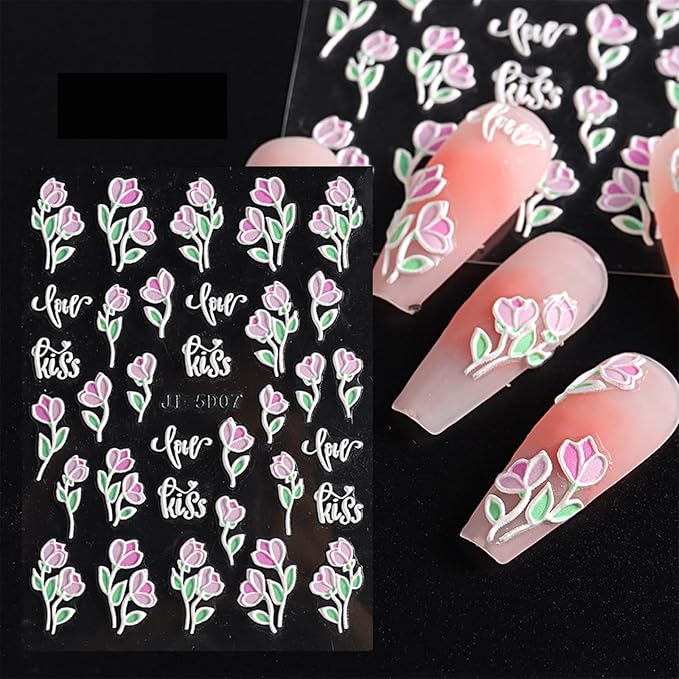 Nail Stickers, 5 Sheets Self-Adhesive Nail Art Decals, Floral & Leaves Designs for Manicure Decorations