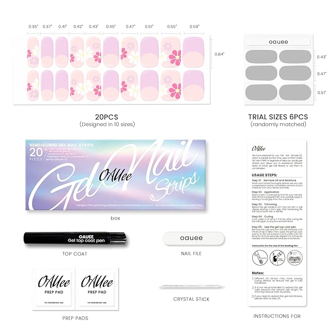 Semi Cured Gel Nail Strips | Built-In Gel Top Coat | UV Light Required | Salon Quality, Easy Application And Removal (Pink White Daisies)