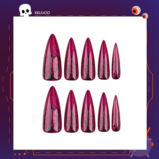 Halloween Press on Nails Long Stiletto Fake Nails KKUUOO Red False Nails with Spider Web Design Glossy Acrylic Nails Glitter Press on Nails for Women Girls Halloween Party Cosplay Manicure