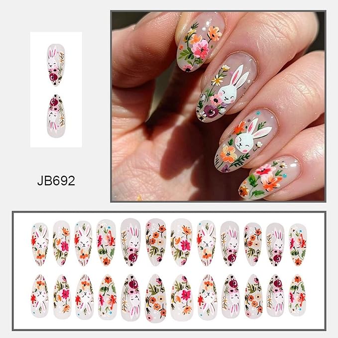 Easter Rabbit Press on Nails Medium Almond Shaped Fake Nails Cute Bunny Rabbit Designs Spring Colorful Flower False Nails Full Cover Acrylic Nails Stick on Nails for Women Nails Manicure Decor 24 Pcs