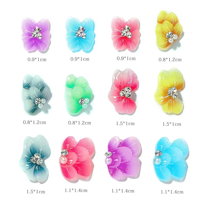 48 Pcs/box Nail Art Flowers Decorations Nail Charms 3d Butterfly 5d Embossed Flower Decor for Nail Gradient Ripple Butterfly Petal Nail Rhinestone Diamond Diy Nail Jewelry Charms Accessories Supplies