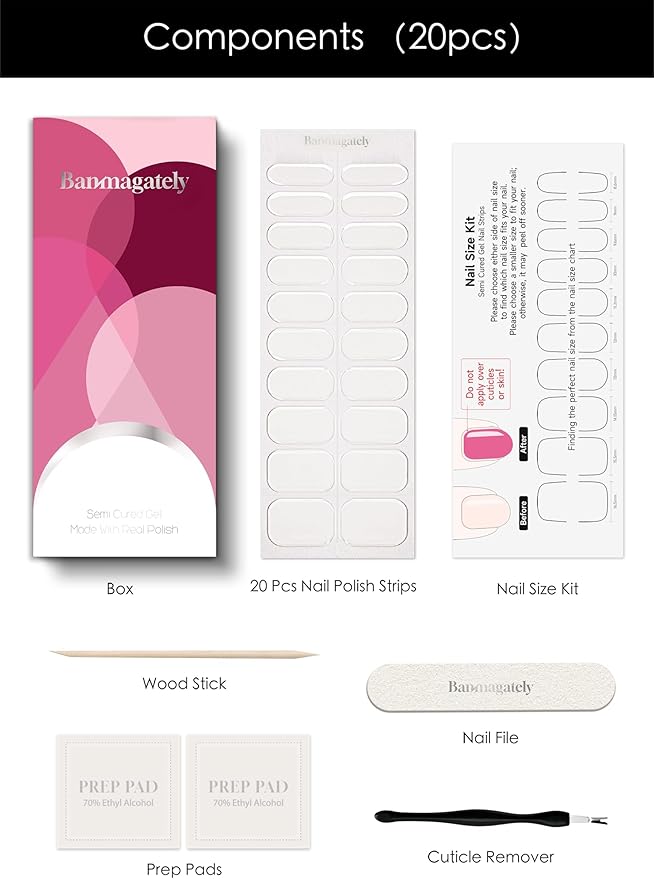 Semi Cured Gel Nail Strips, 20Pcs Long Lasting Salon Quality Wraps, Easy Apply & Remove Gel Nail Stickers with UV Light (Clear Glossy)