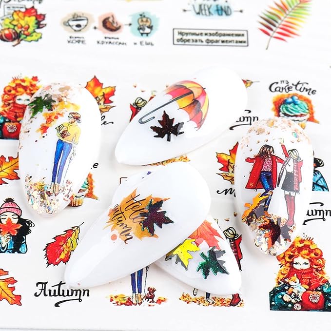 24 Sheets Fall Nail Art Decals, Holographic Autumn Leaf Water Transfer Decal Design, Maple Leaf Little Animals Nail Art Sticker for Women Girls Manicure Charms Decorations, Thanksgiving Nail Sticker