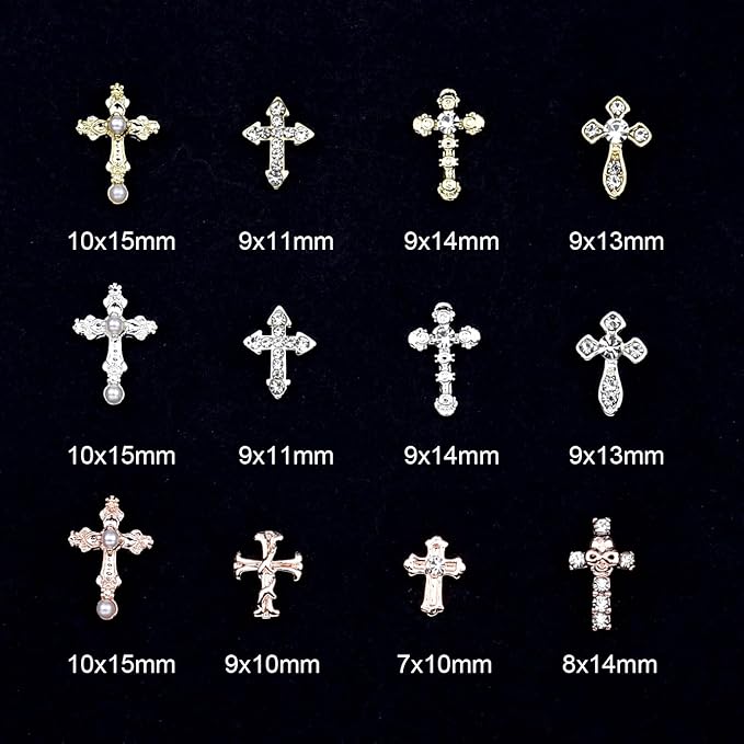 120pcs Cross Nail Art Charms Kit - Gold/Silver/Rose Gold Rhinestones for Press on Nails, Metal Alloy Nail Studs Nail Cross Charms DIY Jewelry, Gothic Nails Design,Acrylic Nails Accessories Supplies