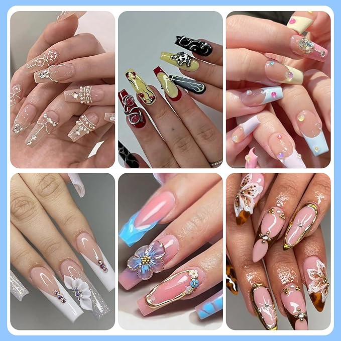 Nail Charms and Gems Set, 6 Boxes Mixed Color Rhinestones Clear Gold Silver Bead Decorations White Beige Pearls for Crafting, 30 Sheets Gold Stickers for Nails with Tweezers for Women Nail Art DIY