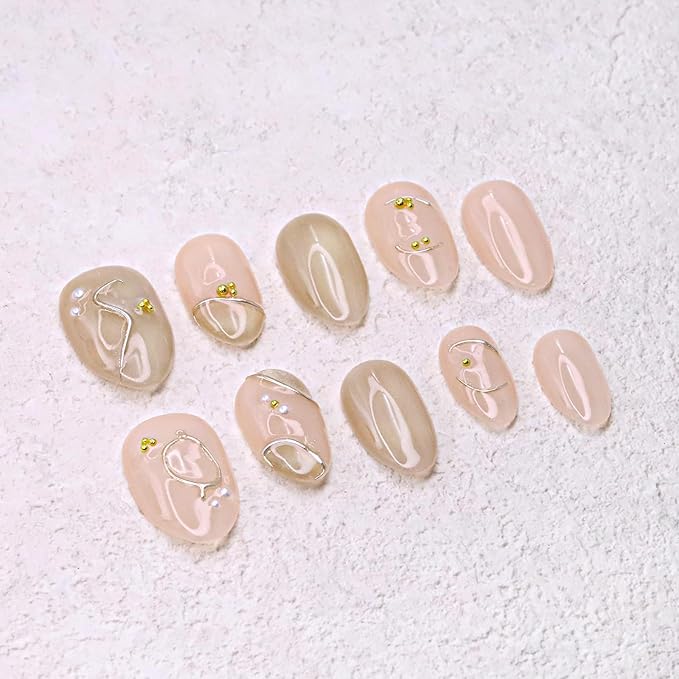 Handmade Press on Nails Short Length Thick Acrylic Nails Glitter False Nails with Steel Ball & Pearl Designs Almond Shaped Fake Nails French Full Cover Stick on Nail for Women (Size S）