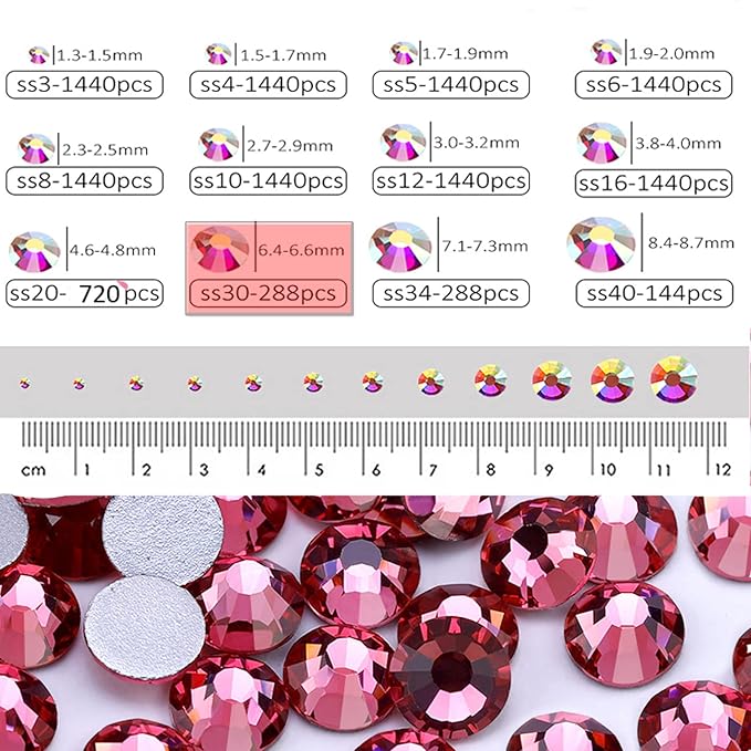 Dowarm 288 Pieces SS30 Flatback Crystal Rhinestones for Craft Nails Dance Costumes, Flat Back Nail Crystals, Non Hotfix Rhinestones (SS30 / 6.5MM, Rose)