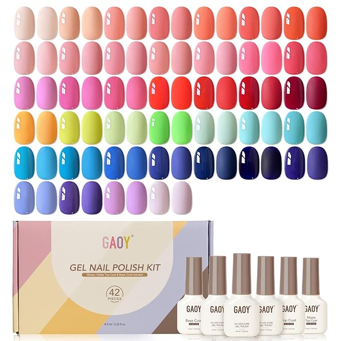 GAOY 42 Pcs Gel Nail Polish Kit, Bright Neon Colors Spring Summer Gel Nail Polish Set with Glossy & Matte Top Coat and Base Coat for Salon and DIY Manicure at Home