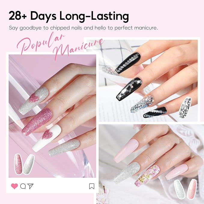 58PCS Acrylic Nail Kit for Beginners with Everything, 3 Colors Professional Acrylics Powder with Drill and U V Light 24pcs Glitter Decoration Complete Acrylic Nail Set Home Salon Design Gift Set