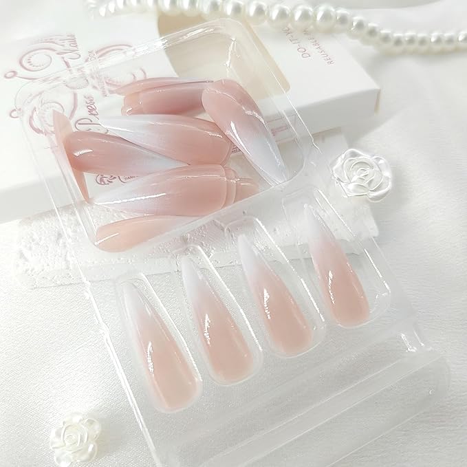 Pink White Ombre Press on Nails Long Stiletto Fake Nails with Gradient Designs Simple Glue on Nails Cute Acrylic Nails Press ons Glossy Stick on Nails for Women Girls 24 Pcs