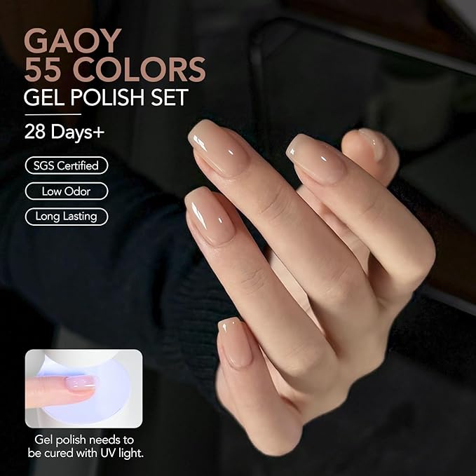 GAOY 60 Pcs Gel Nail Polish Set, 55 Colors All Season Gel Polish Kit Red Nude Black White Burgandy with 5 Pcs Soak off Base Glossy Matte Glitter Top Coat & Builder for Nail Art DIY Manicure at Home