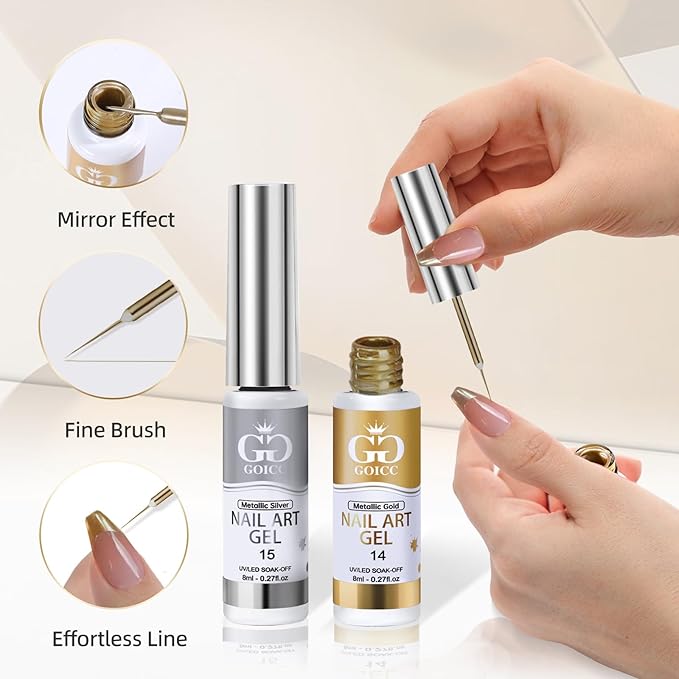 Metallic Gel Nail Polish Gold Gel Liner For Nail Art Chrome Silver Nail Polish 8ml 2 PCS 3D Mirror Chrome Effect Painting with Thin Brush French Nail Design Curing Requires (Metallic Sliver Gold)