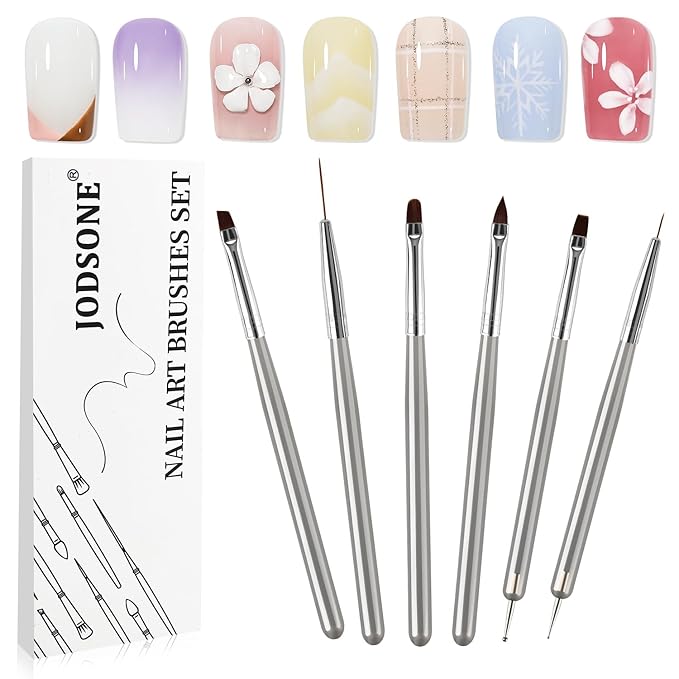 JODSONE 6Packs Nail Art Brushes, Nail Art Tool Set, Dotting Tools, Dust Brush,Striping Brushes for Long Lines, Drawing Pen for Gel Polish Design Supply,DIY Manicure Tools Gift for Women
