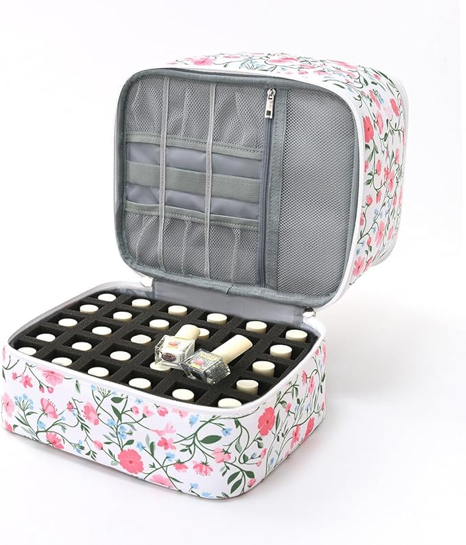Nail Polish Organizer Aesthetic Nail Organizers and Storage, Bow Nail Supplies Kit Organizer Travel Carrying Case for Manicure Tools (Floral F, 2 Layer)