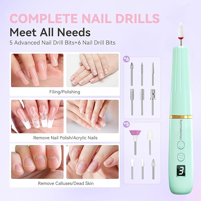Professional Electric Nail Drill File, Cordless Nail Drill Machine kit for Acrylic Gel Dip, 12 in 1 Nail Machine Kit Portable Rechargeable Manicure Pedicure Tools for Home Salon(Blue)