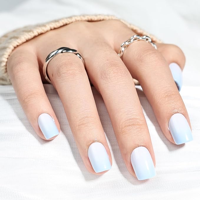 Press On Nails - Short Square Blue Fade Press on Nails Glossy Finish Nails Press Ons for Women DIY Fake Nails Kit with Glue, Reusable Glue on Nails Short in 15 Sizes - 30pcs, Sky Fade
