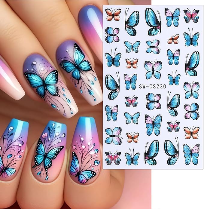 6 Sheets Butterfly Nail Decals for Nail Art Spring Flower Nail Stickers 3D Self-Adhesive Colorful Butterfly Nail Art Stickers Gold Floral Leaf Nail Decoration for Women Girls DIY Manicure Supplies