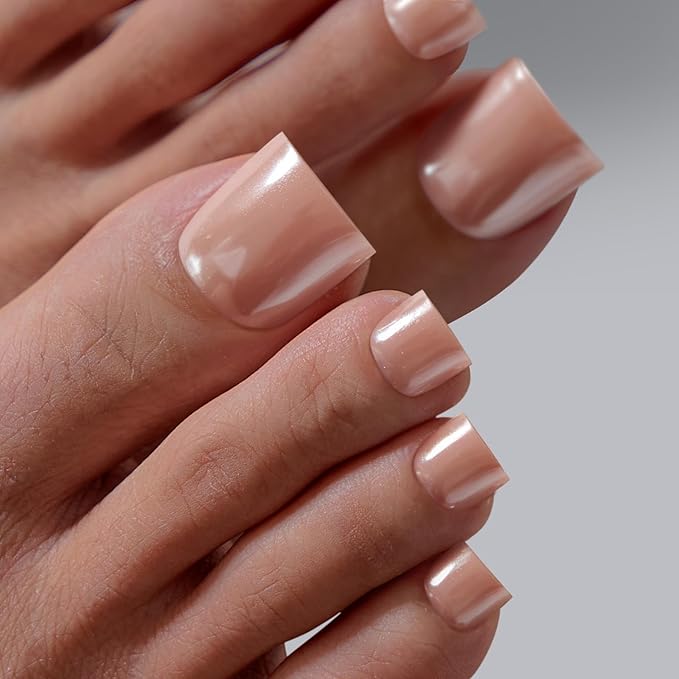 BTArtbox Press On Toenails - Sharp Square Pearl Chrome Toe Nail Press Ons with Glue for Women, Opaque Fake Toe Nail Tips in 15 Sizes - 30 Toenails Kit, Silky Shine