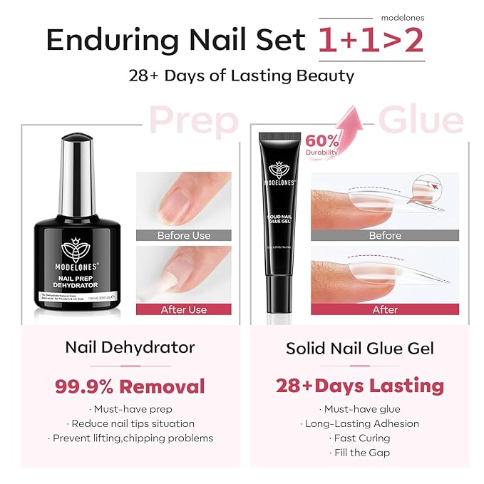 modelones X Nail Gel Kit Almond, 510Pcs Nail Tips Solid Glue Prep Dehydrator & Mini U V LED Light Clipper, Upgrade 15Sizes Medium Almond Press on Tips Etch Half Matte for Easy Extension DIY Women Gift