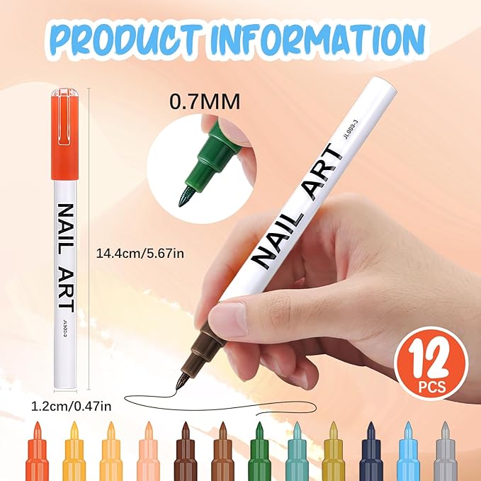 12 Color Nail Art Pens for Painting Nails, 0.7 MM Nail Polish Pens Drawing Point Liner Acrylic Painted Pen Kit, Waterproof Quick-drying for DIY Design Manicure Tools Christmas Gifts