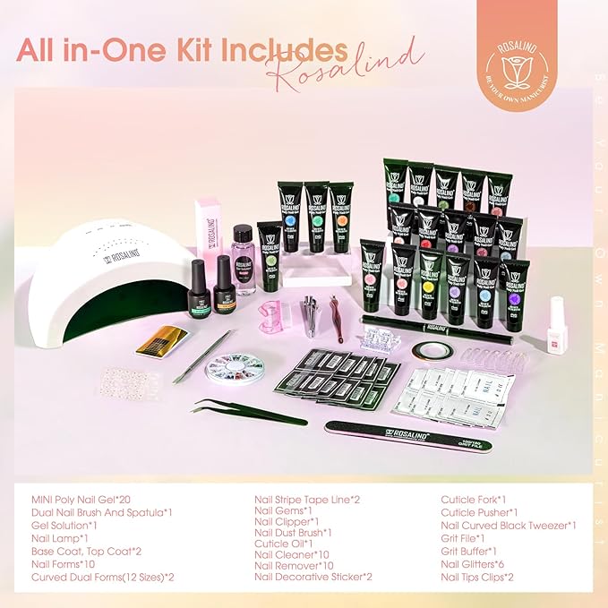 ROSALIND 20PCS Poly Nail Gel Kit with Nail Lamp White Brown Poly Nails Gel Kit Clear Nude Nail Extensions Gel Set With UV Lamp