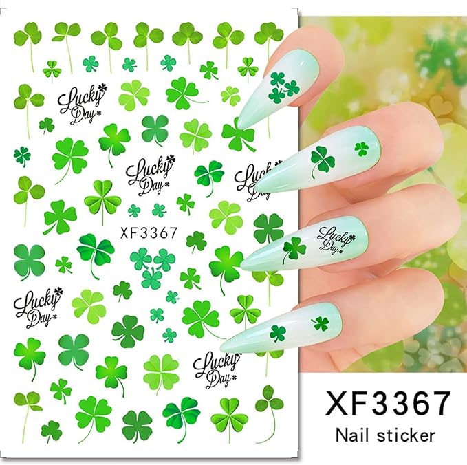 6 Sheets St. Patrick’s Day Nail Stickers 3D Self-Adhesive Green Shamrock Nail Art Stickers Clover Hat Golden Jar Coins Design Lucky Irish Nail Decals Nail Art Supplies for Women Acrylic Manicure