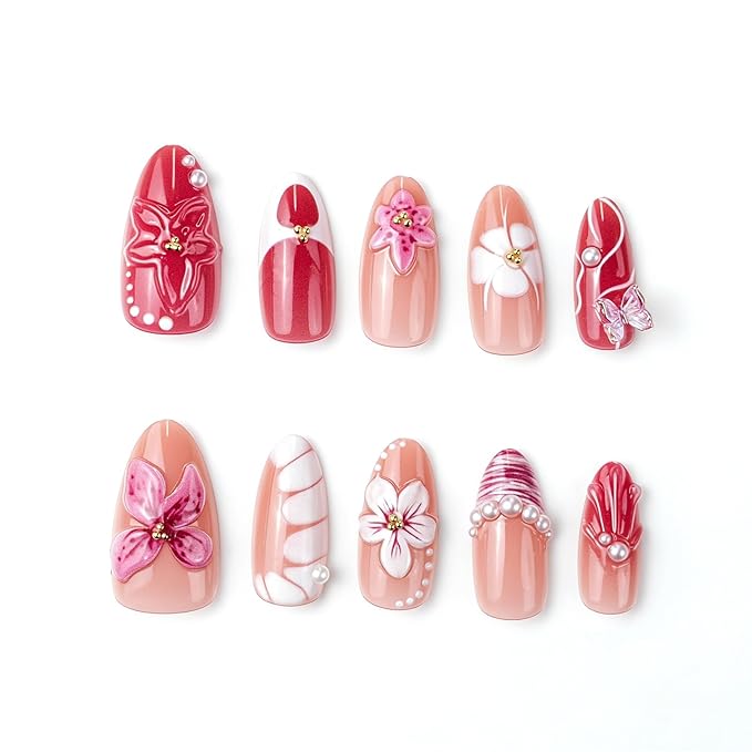 Press on Nails Medium Almond Fake Nails 3D Flowers Artificial Nail with Pearl Charm Stick on Nail for Women 30pcs