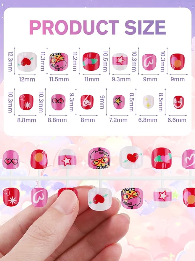 EBANKU 12 Pack Kid Fake Nail, 288 Pieces Kids Short Glossy Press on Nails Cute Patterns Mini Full Cover Fake Nails for Girls with Nail Glue and Nail Tab