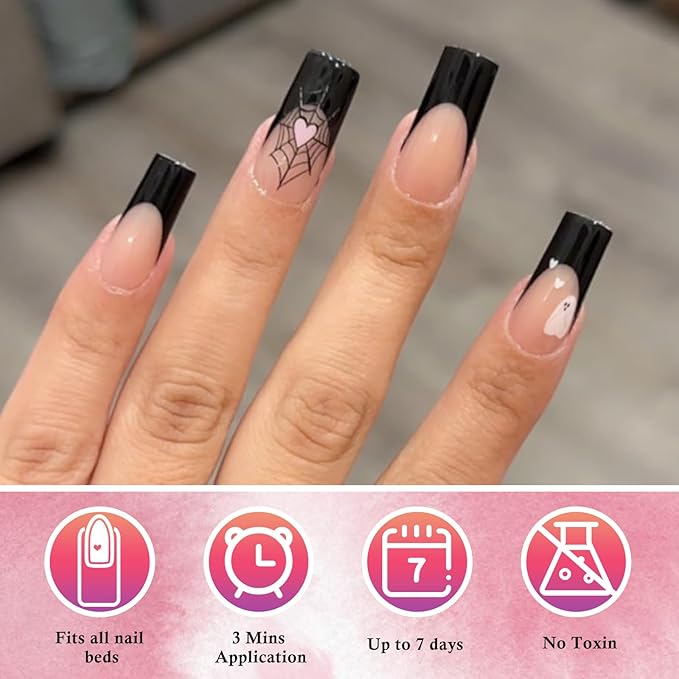 AddFavor French Tip Press on Nails Square Fake Nails, 120pcs Black French Tips Nails Medium Glossy Nude Nails Press on Artificial False Nail Square Stick on Nails with Adhesive Tab for Women Girls
