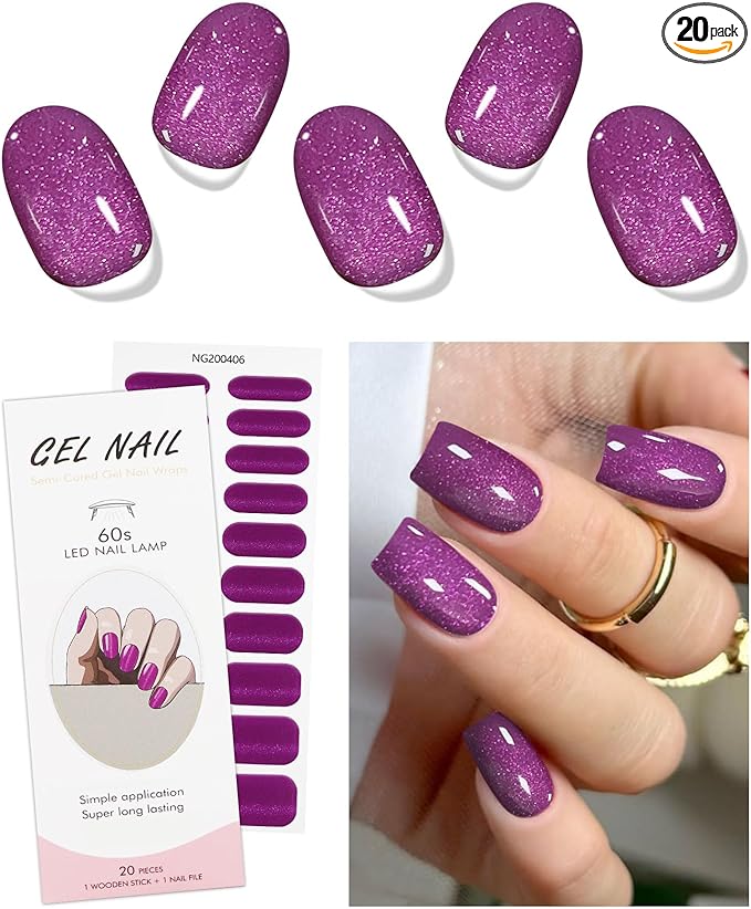 JMEOWIO Semi Cured Gel Nail Strips Purple Pink Cat Eye Gel Nail Stickers Nails Art Design Decoration Accessories