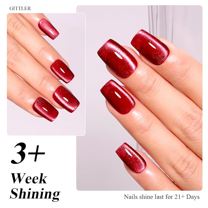 Imtiti Cat Eye Gel Nail Polish, 15ml Blood Red Crystal Glitter Cat Eye Magnetic Gel Nail Polish With Magnet, Holographic Galaxy Sparkly Soak Off UV Led Manicure Nail Salon Kit