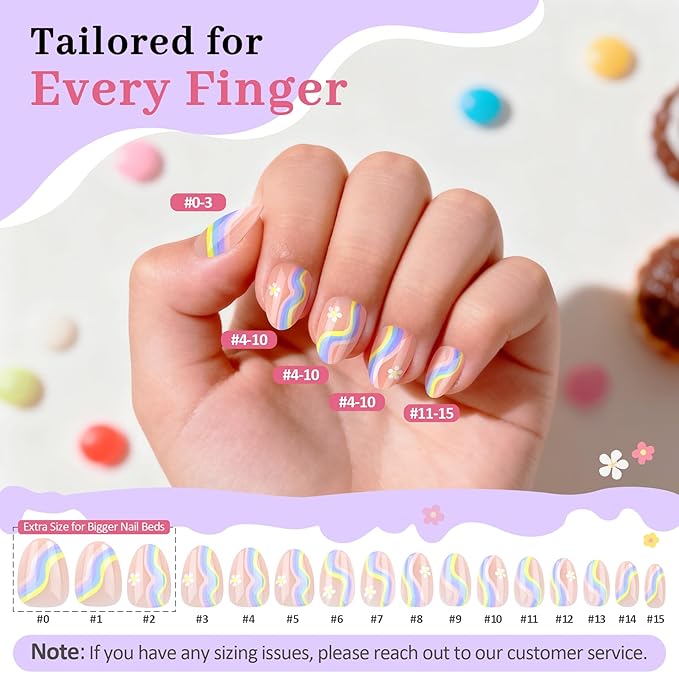16 Sizes Press on Nails Kit for Kids - 32 Pieces French Almond Fake Nail Tips for Girls 8-12 Years Old with Jelly Nail Adhesives & No-Lamp Nail Glue, Birthday Easter Gifts (Rainbow Flower)