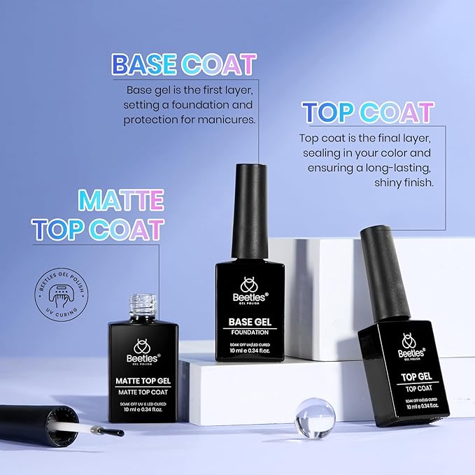 Beetles Base and Top Coat Set with Nail Dehydrator and Primer, 5 Pcs 10ml Glossy Matte Top Coat Gel Nail Prep Acid-Free and Hema-Free Dehydrate Bond Primer Kit