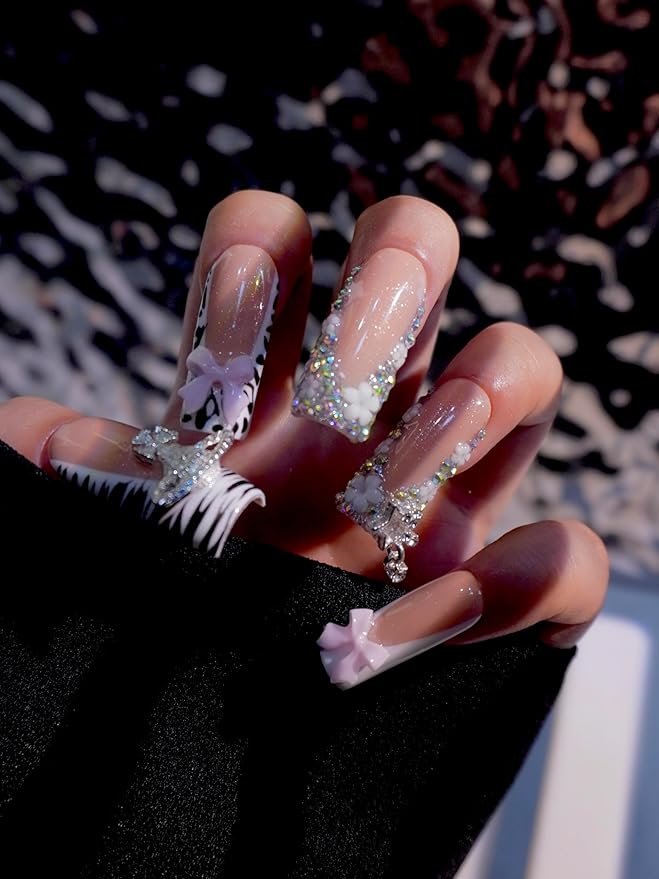 HAND-PAINTED White Press Ons Neon Small Press on Nails Long French Press on Nails Coffin Medium Short Nail art Fake Nail Art Kit with 7g Glue on Nails Handmade Almond Square Nails (TJ-3, X-Small)