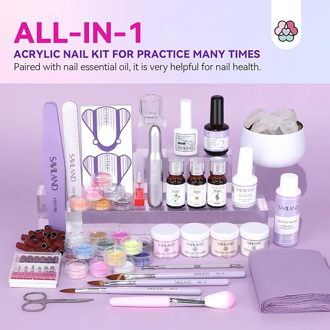 SAVILAND Acrylic Nail Kit with Drill & Essential Oil: Professional Acrylic Nails Kit for Beginner with Everything Nail Powder & Liquid Nail Primer Complete Home DIY Kit Salon Women Christmas Gift