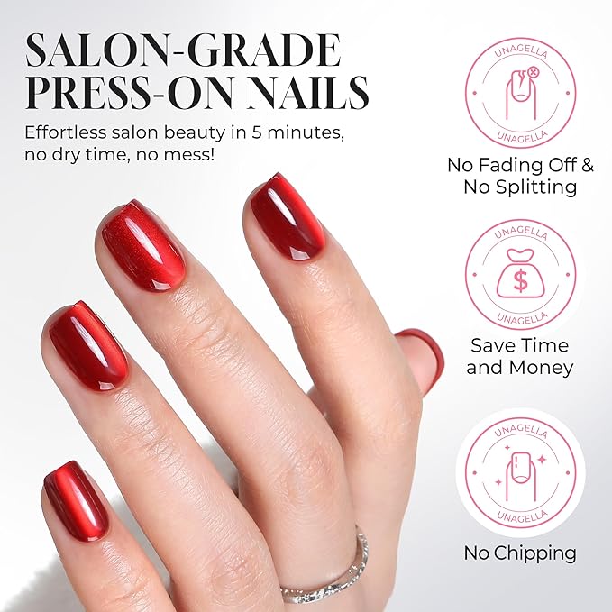 UNA GELLA 32Pcs Soft Gel Press on Nails - 16 Sizes Red Cat Eye Short Square Glue on Nails, Reusable Glitter Velvet Red False Nails, Full Cover Acrylic Nail Kit for Women DIY Home Manicure