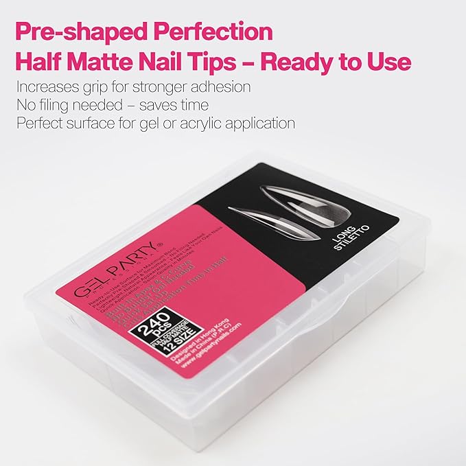 GELPARTY Soft Gel Nail Tips Long Stiletto - 240Pcs Pre-Buffed Matte Full Cover Tips - No Filing Needed, Soak Off Gel Extension System - Clear False Nails (12 Sizes)